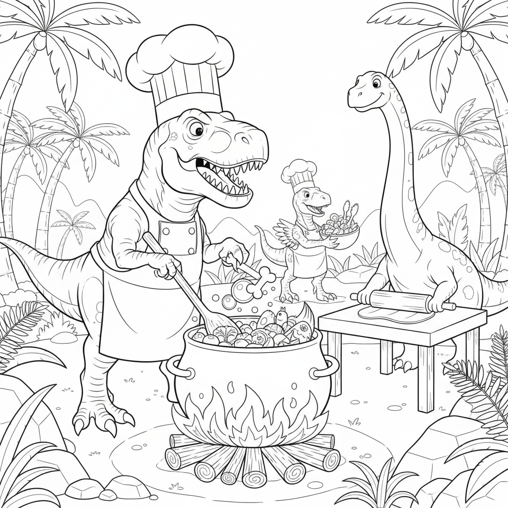 Dinosaur Chef Cooking Scene - Free Printable Coloring Page Dinosaur Chef Cooking Scene - Free Printable Coloring Page