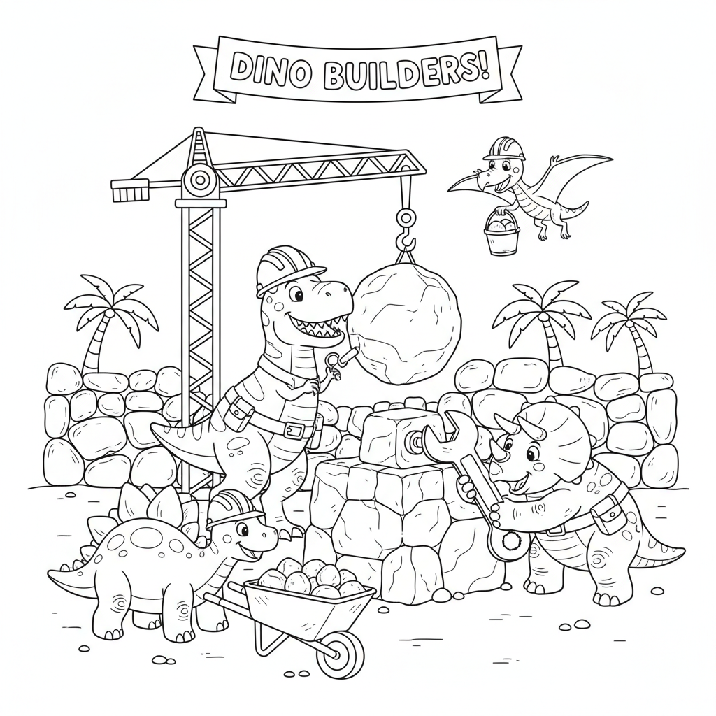 Dinosaur construction crew building with boulders crane - Free Printable Coloring Page Dinosaur construction crew building with boulders crane - Free Printable Coloring Page