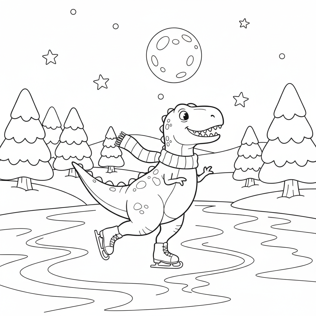 Dinosaur figure skater performing on frozen lake winter - Free Printable Coloring Page Dinosaur figure skater performing on frozen lake winter - Free Printable Coloring Page