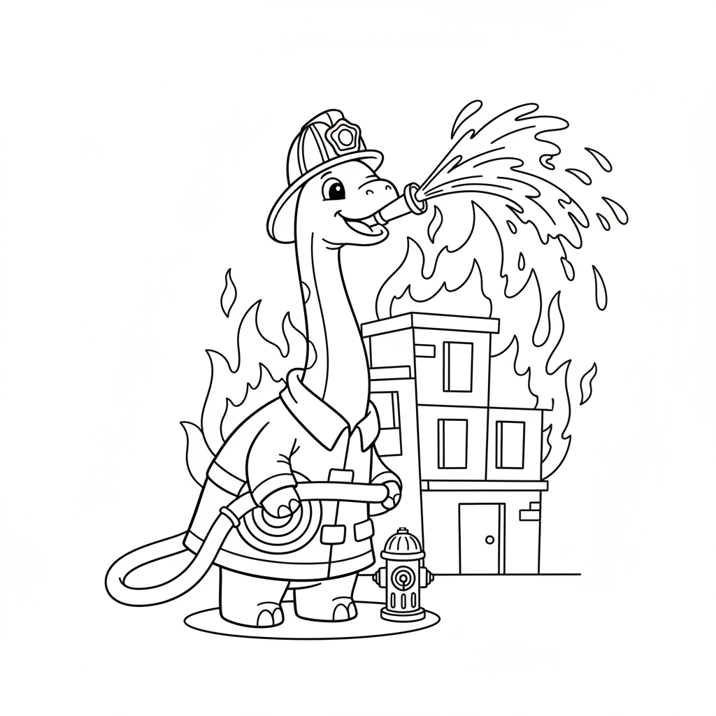 Dinosaur firefighter spraying water from long neck hose - Free Printable Coloring Page Dinosaur firefighter spraying water from long neck hose - Free Printable Coloring Page