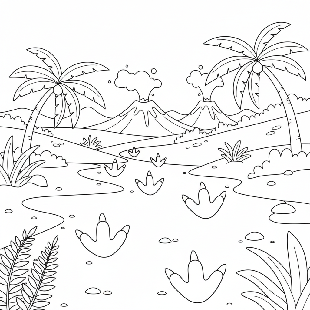 Dinosaur footprint trail in mud prehistoric landscape - Free Printable Coloring Page Dinosaur footprint trail in mud prehistoric landscape - Free Printable Coloring Page