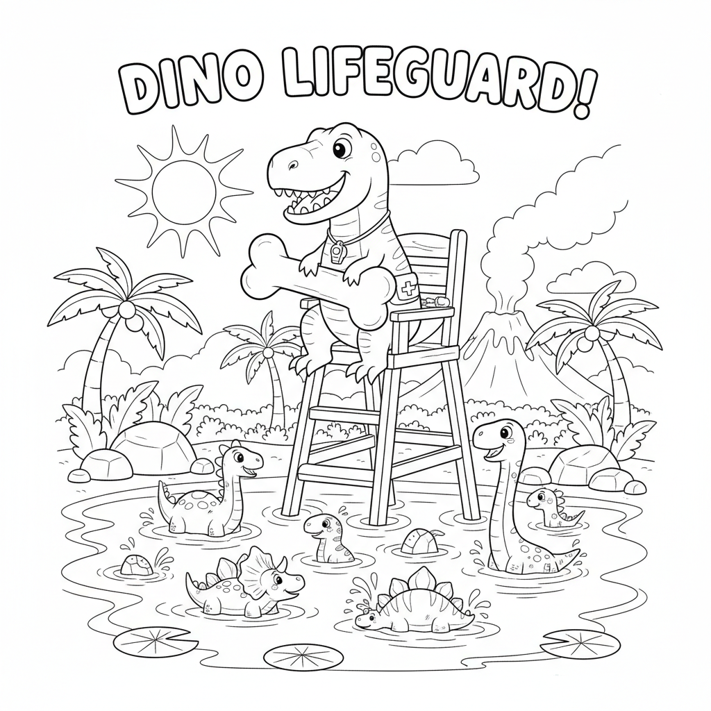Dinosaur lifeguard at prehistoric lake watching swimmers - Free Printable Coloring Page