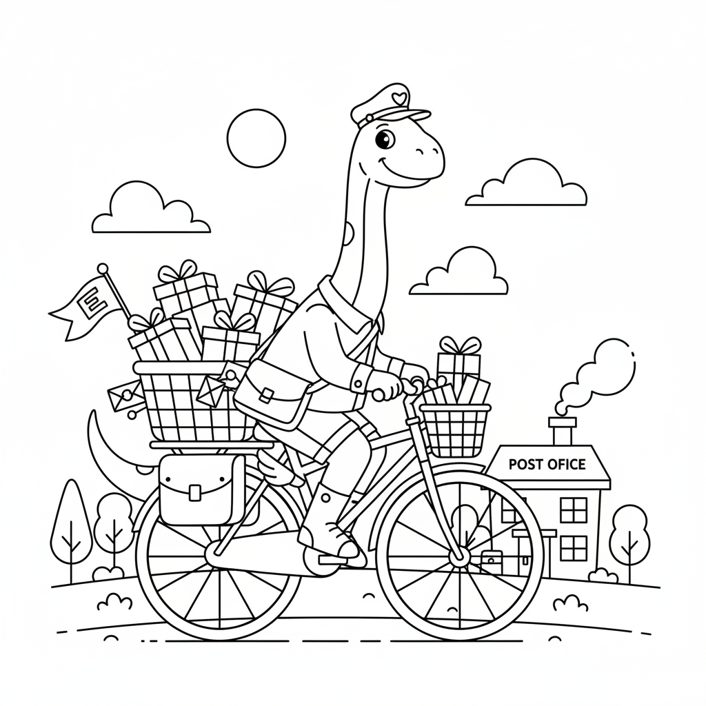 Dinosaur mail carrier delivering packages riding bicycle - Free Printable Coloring Page Dinosaur mail carrier delivering packages riding bicycle - Free Printable Coloring Page
