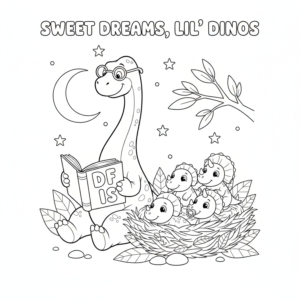 Dinosaur reading bedtime story to baby dinosaurs nest - Free Printable Coloring Page Dinosaur reading bedtime story to baby dinosaurs nest - Free Printable Coloring Page
