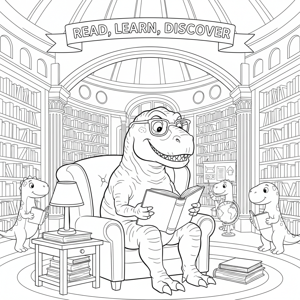 Dinosaur reading book library smart - Free Printable Coloring Page Dinosaur reading book library smart - Free Printable Coloring Page