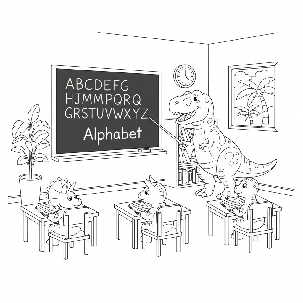 Dinosaur school classroom learning alphabet blackboard - Free Printable Coloring Page