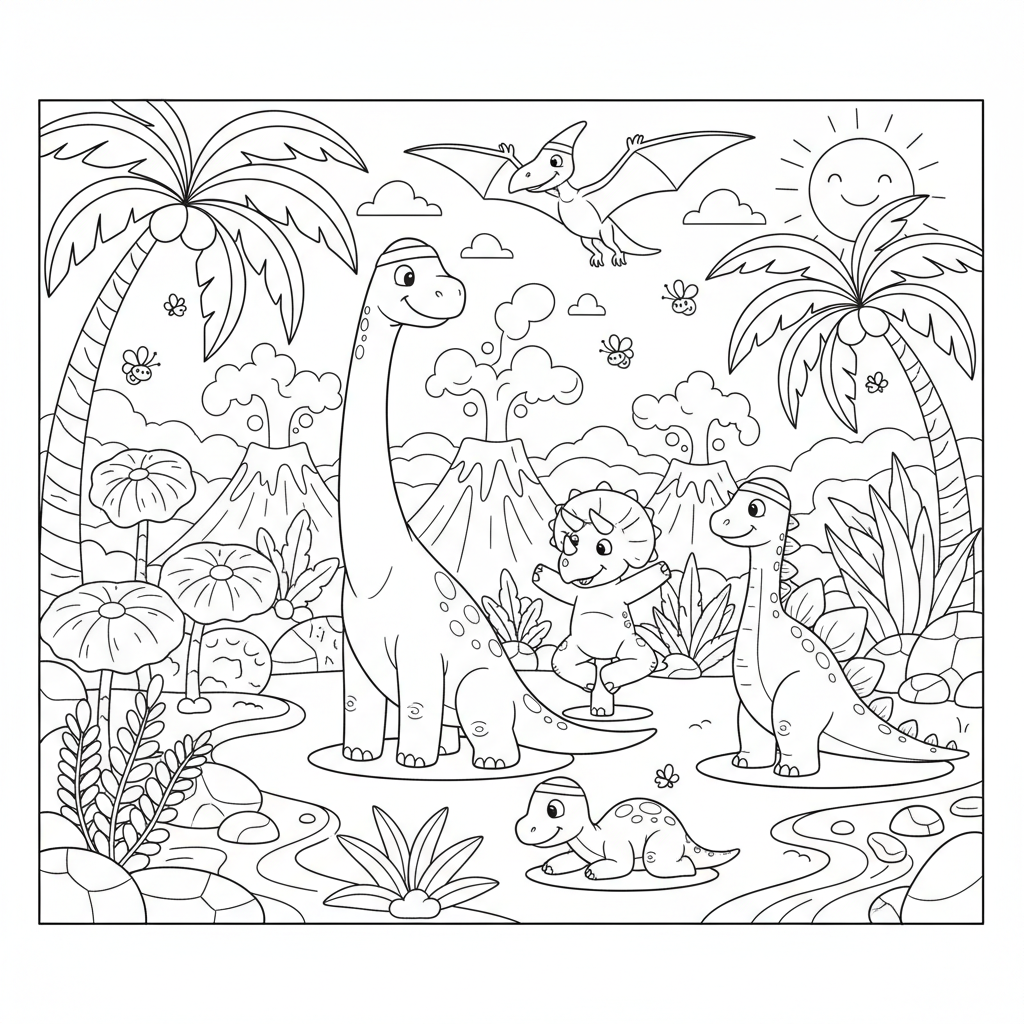 Cours de yoga avec des dinosaures dans une jungle préhistorique - Coloriage gratuit à imprimer