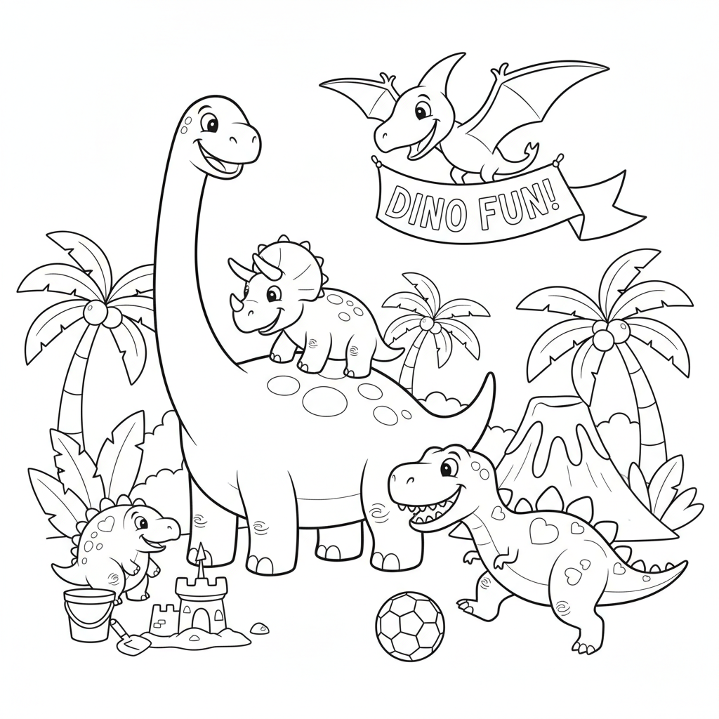 Friendly cartoon dinosaurs playing together - Free Printable Coloring Page