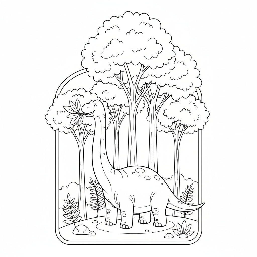 Gentle brontosaurus eating leaves tall trees - Free Printable Coloring Page