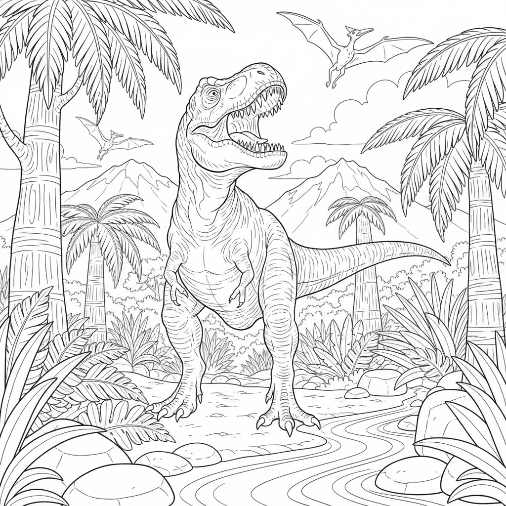 T-Rex Roaring In Prehistoric Jungle - Free Printable Coloring Page T-Rex Roaring In Prehistoric Jungle - Free Printable Coloring Page