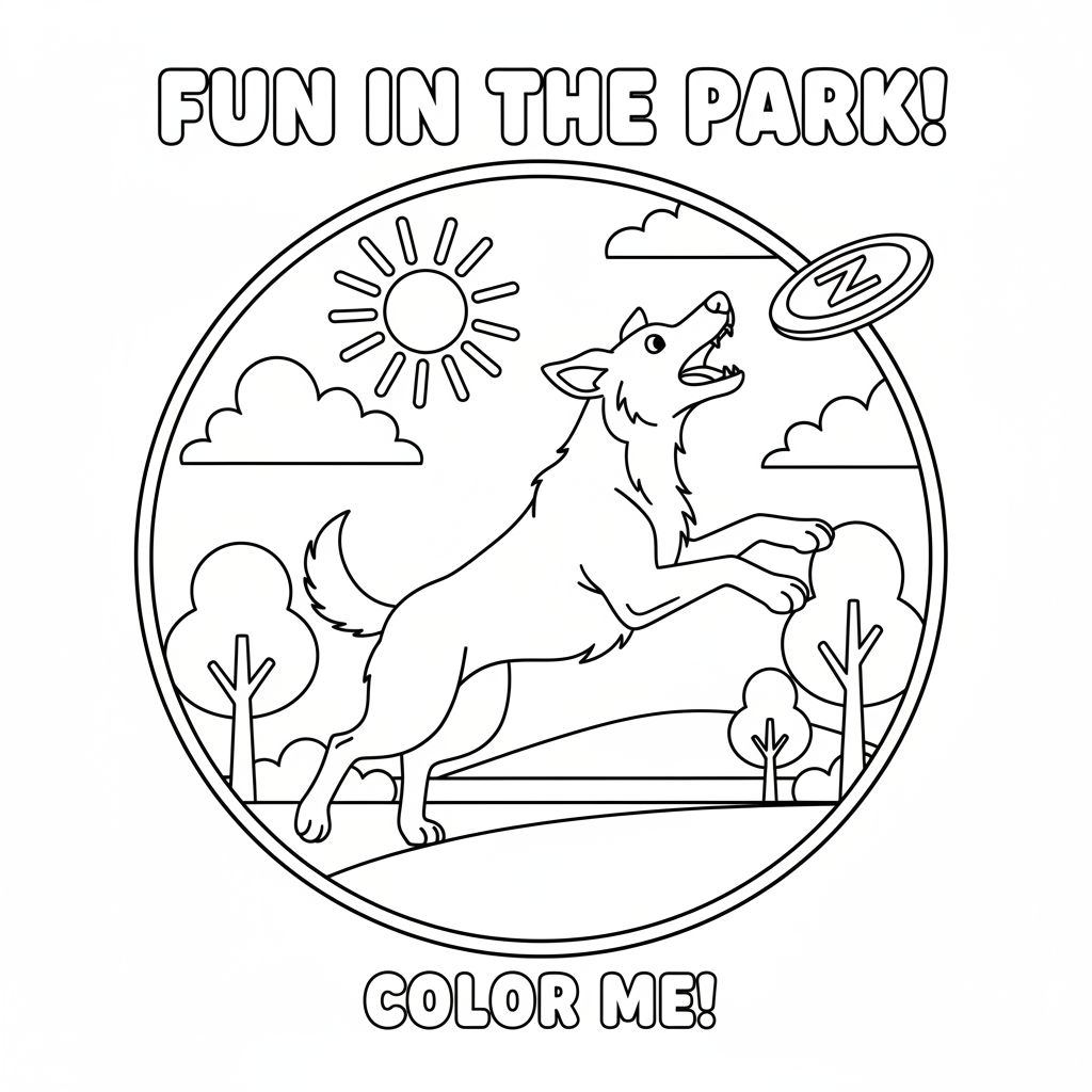 Dog catching frisbee mid-air leap in park athletic - Free Printable Coloring Page Dog catching frisbee mid-air leap in park athletic - Free Printable Coloring Page