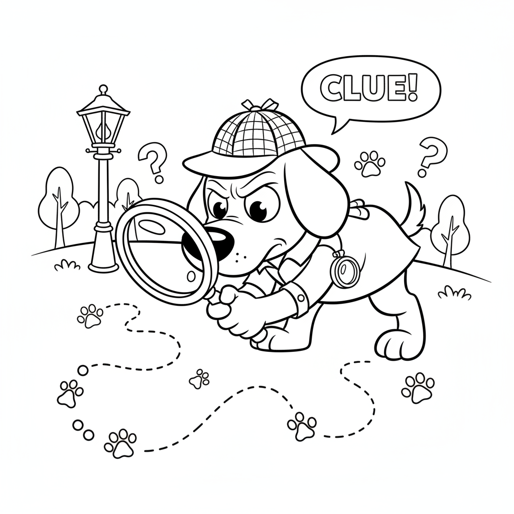 Dog detective following scent trail magnifying glass - Gratis utskrivbar målarbild