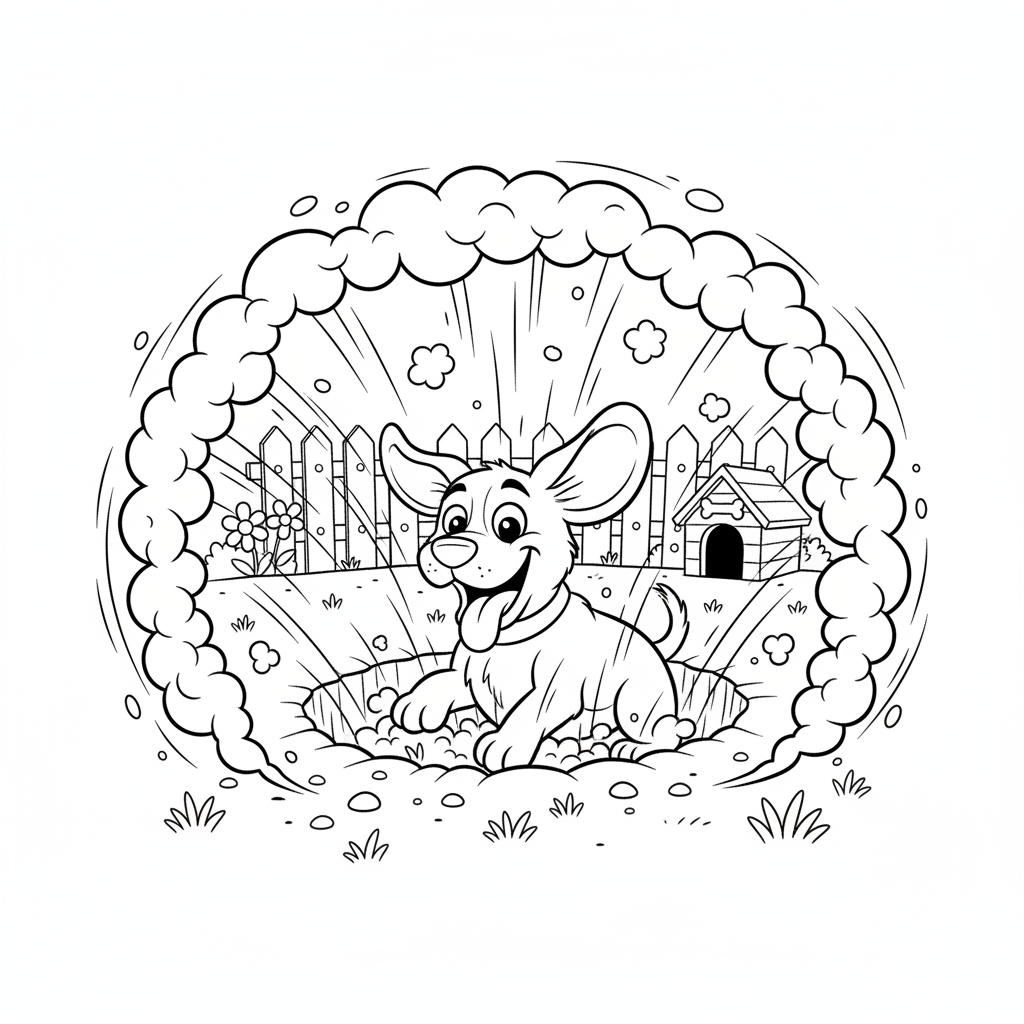 Dog digging hole in backyard dirt flying funny - Free Printable Coloring Page Dog digging hole in backyard dirt flying funny - Free Printable Coloring Page