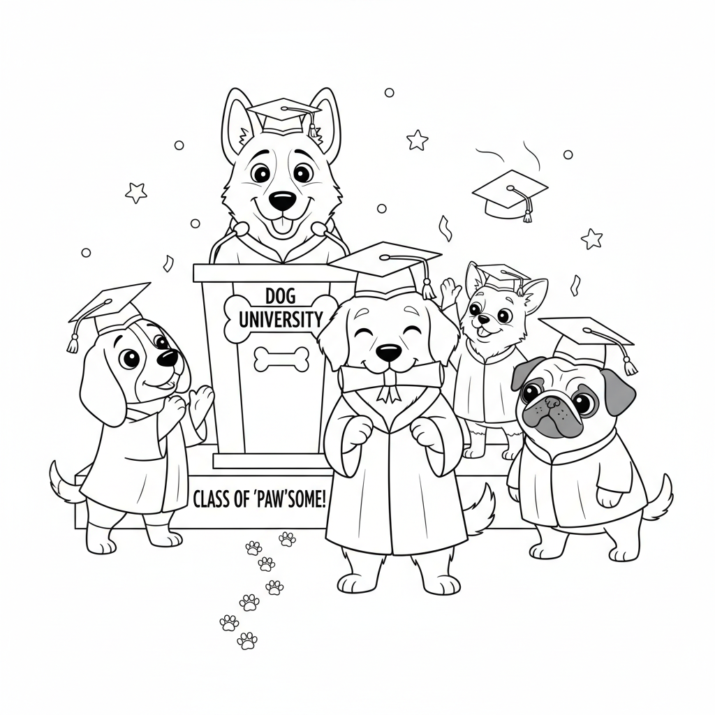 Dog graduation ceremony with tiny cap and diploma - Free Printable Coloring Page Dog graduation ceremony with tiny cap and diploma - Free Printable Coloring Page