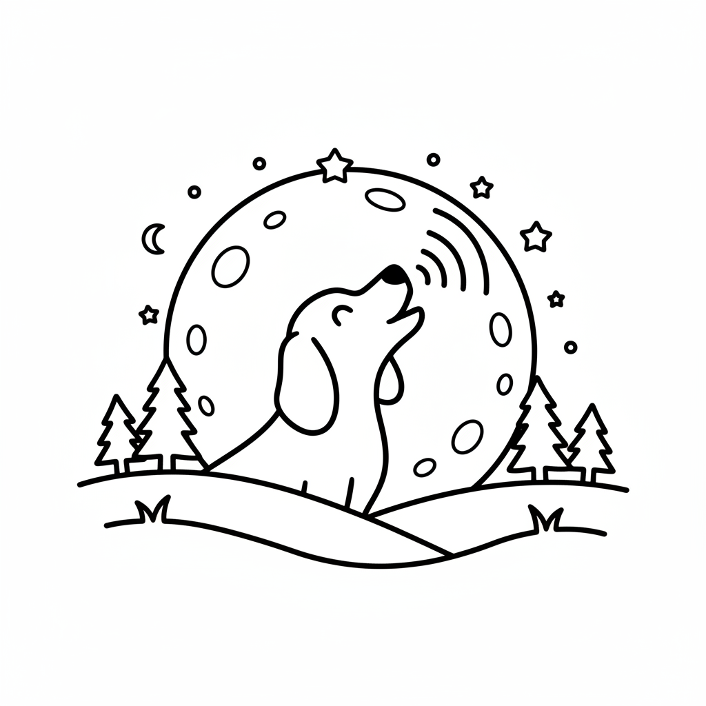 expression d'un chien hurlant à la lune la nuit - Coloriage gratuit à imprimer