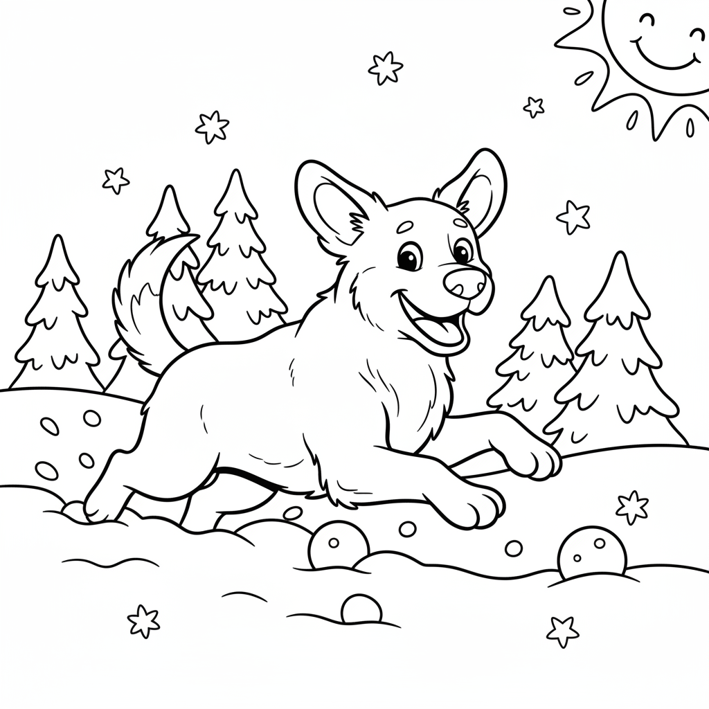 Chien jouant dans la neige en hiver - Coloriage gratuit à imprimer