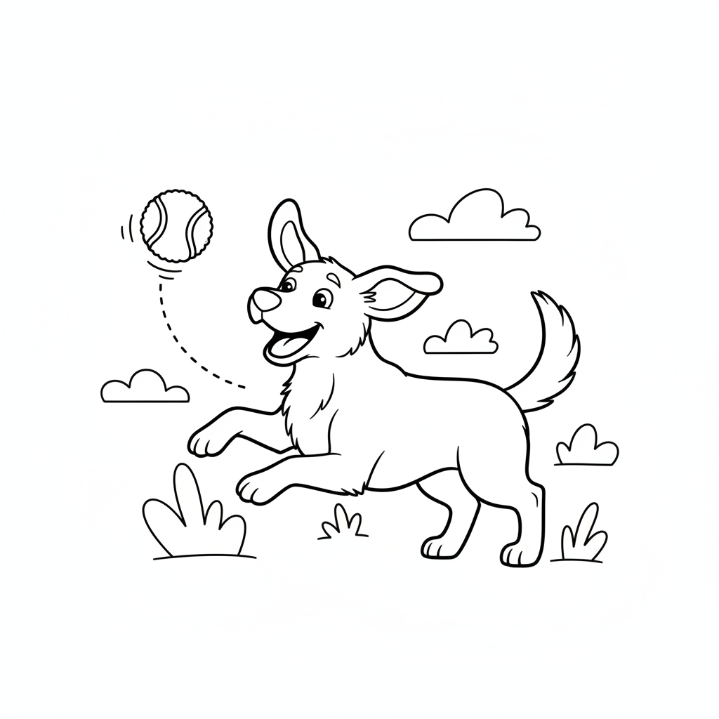 Dog playing with tennis ball bouncing - Free Printable Coloring Page Dog playing with tennis ball bouncing - Free Printable Coloring Page