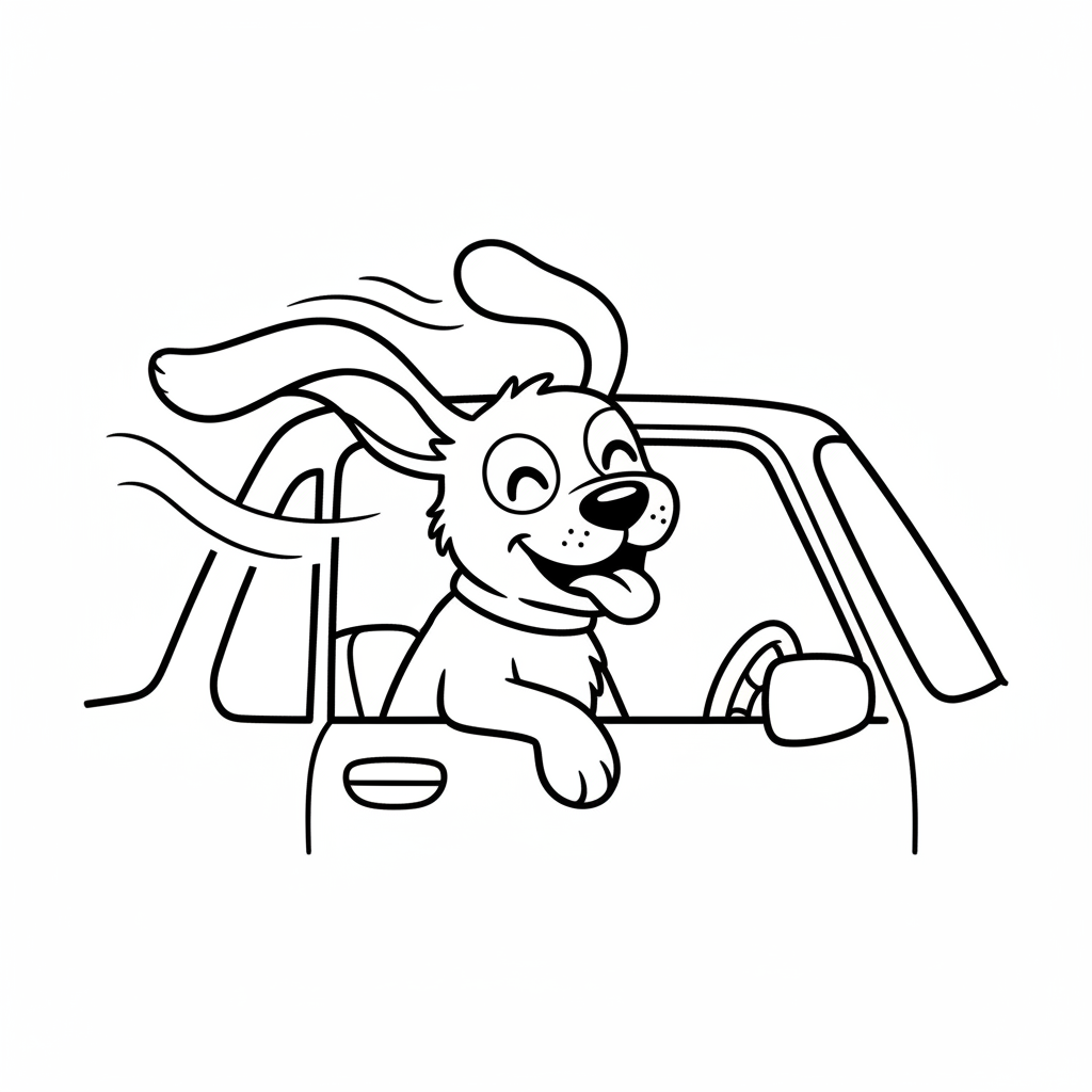 Dog riding in car window ears flapping in wind - Free Printable Coloring Page Dog riding in car window ears flapping in wind - Free Printable Coloring Page