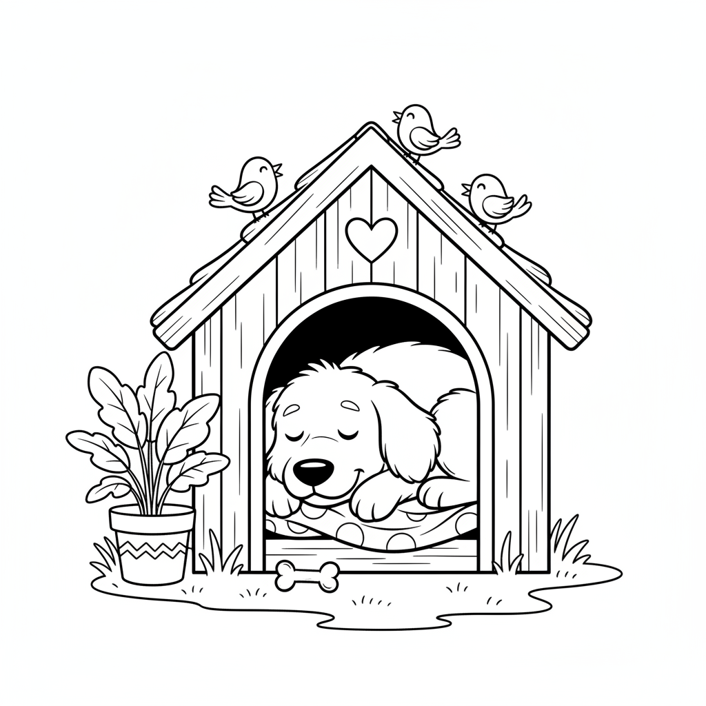 Dog sleeping in dog house cozy - Free Printable Coloring Page Dog sleeping in dog house cozy - Free Printable Coloring Page