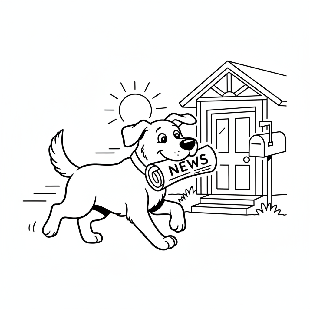 Dog with newspaper fetching morning - Free Printable Coloring Page