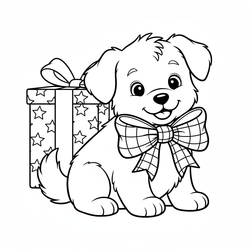 Puppy with big bow gift present - Free Printable Coloring Page Puppy with big bow gift present - Free Printable Coloring Page