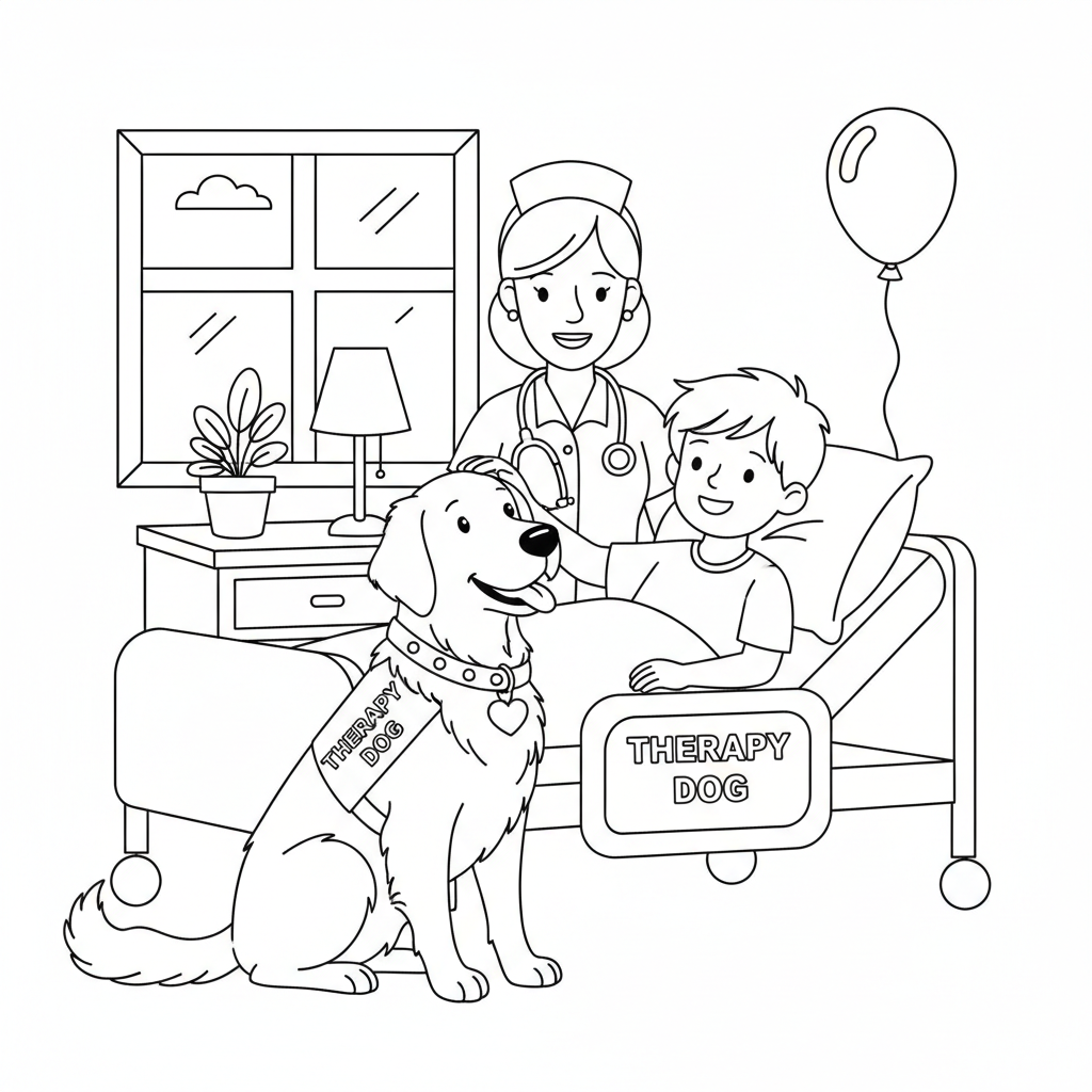 Therapy dog visiting hospital healing - Free Printable Coloring Page Therapy dog visiting hospital healing - Free Printable Coloring Page
