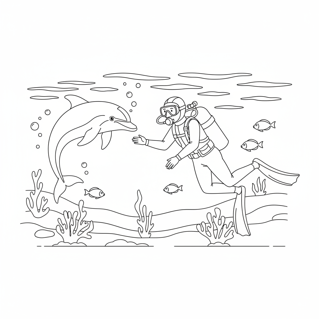 Dolphin And Scuba Diver - Free Printable Coloring Page Dolphin And Scuba Diver - Free Printable Coloring Page