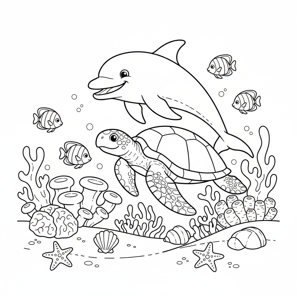 Dauphins et tortues marines explorent ensemble le récif. - Coloriage gratuit à imprimer
