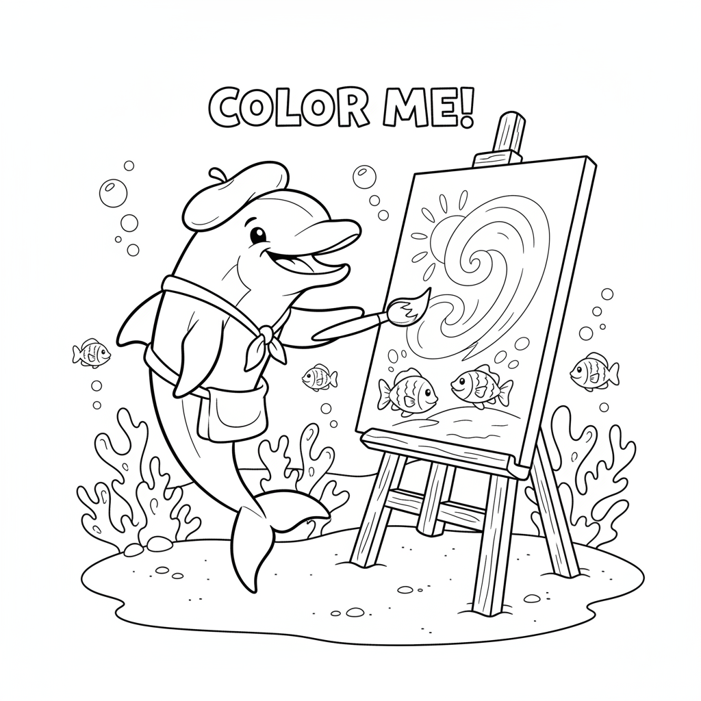 Un artiste peignant un dauphin avec sa queue sur une toile sous-marine - Free Printable Coloring Page Un artiste peignant un dauphin avec sa queue sur une toile sous-marine - Free Printable Coloring Page