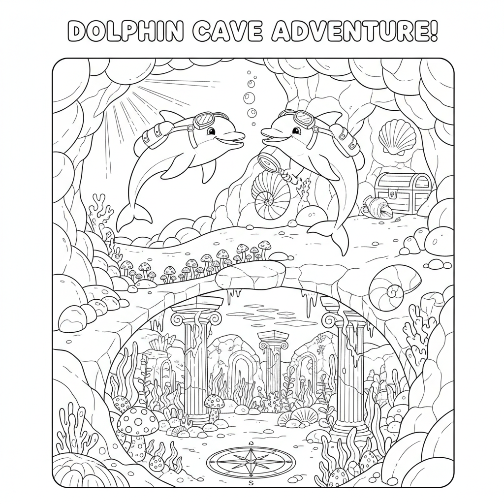 Exploration de la grotte des dauphins, aventure et découverte - Coloriage gratuit à imprimer Exploration de la grotte des dauphins, aventure et découverte - Coloriage gratuit à imprimer