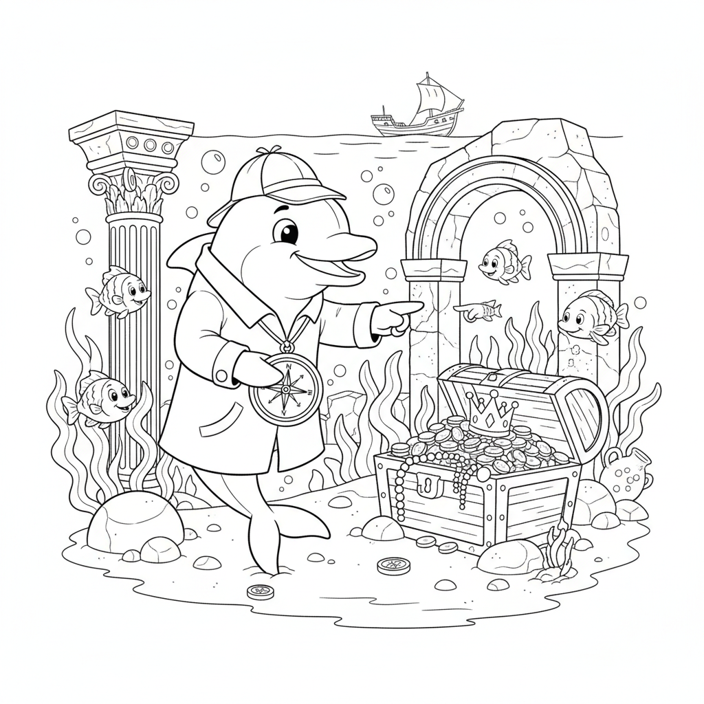 Un dauphin détective à la recherche d'un trésor dans des ruines sous-marines - Free Printable Coloring Page Un dauphin détective à la recherche d'un trésor dans des ruines sous-marines - Free Printable Coloring Page