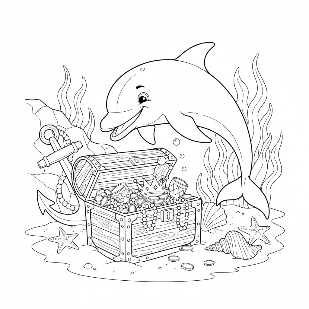 Dauphin à la découverte d'un trésor - Coloriage gratuit à imprimer