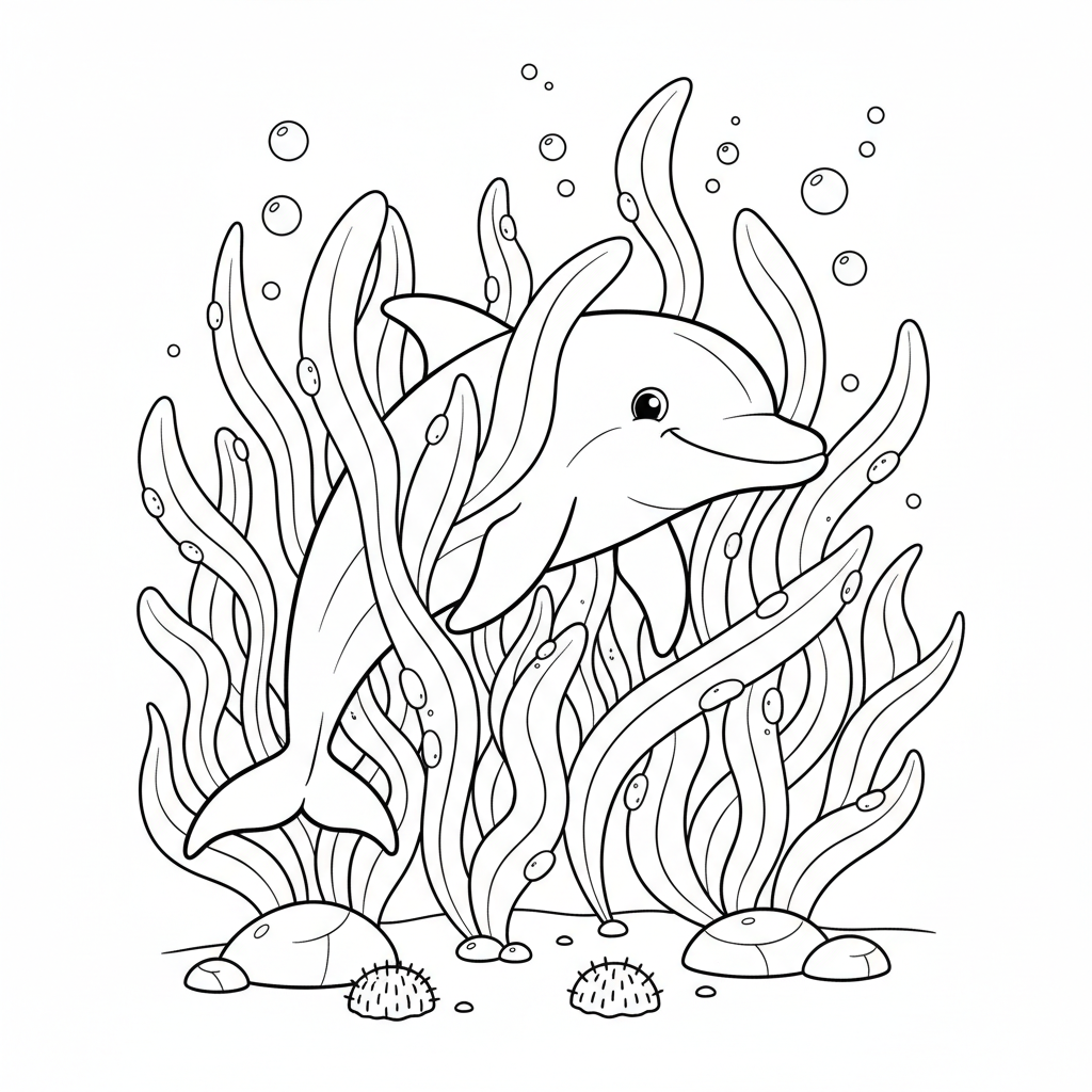 Dauphin caché dans une forêt de varech - Coloriage gratuit à imprimer