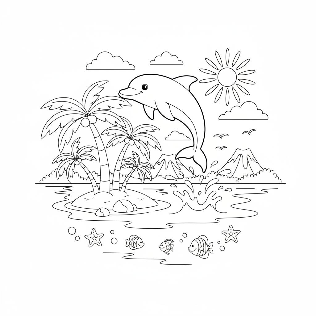 Delfin im tropischen Lagunenparadies - Free Printable Coloring Page