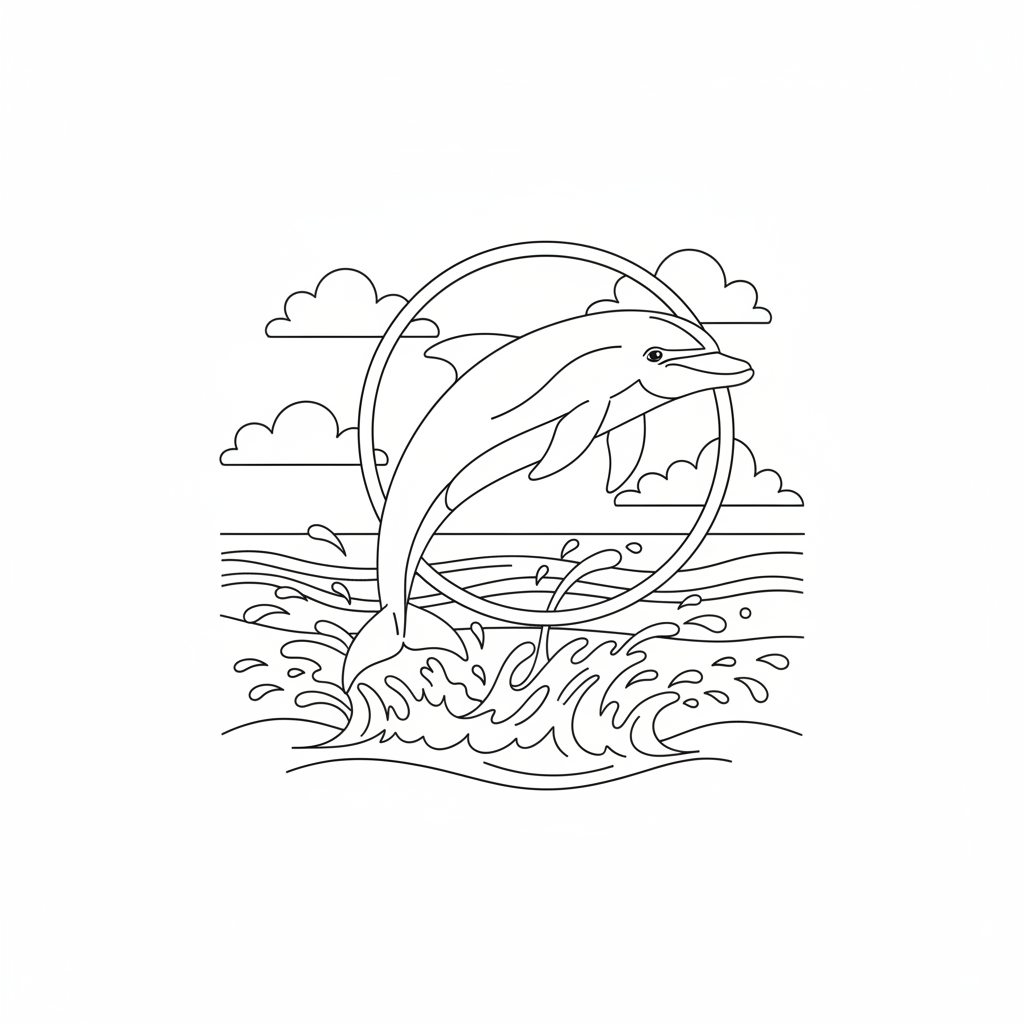 Dolphin Jumping Through Hoop - Free Printable Coloring Page Dolphin Jumping Through Hoop - Free Printable Coloring Page