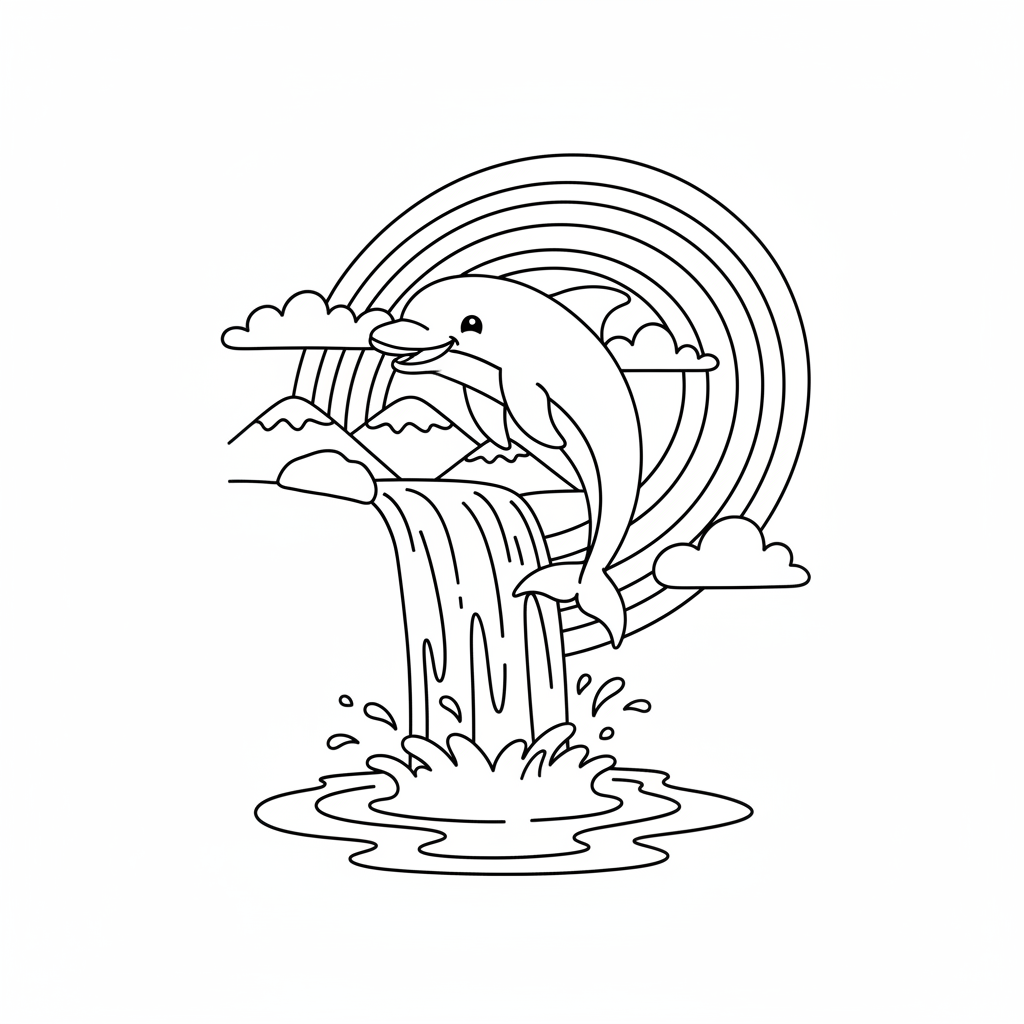 Dauphin bondissant à travers les embruns irisés d'une cascade - Free Printable Coloring Page Dauphin bondissant à travers les embruns irisés d'une cascade - Free Printable Coloring Page