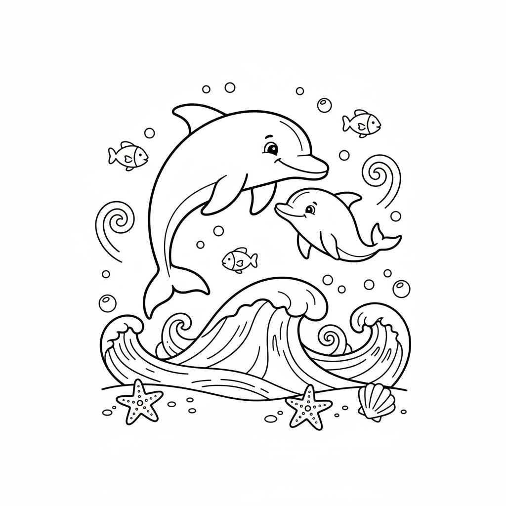 Une mère dauphin apprend à son petit à nager dans l'océan - Free Printable Coloring Page Une mère dauphin apprend à son petit à nager dans l'océan - Free Printable Coloring Page