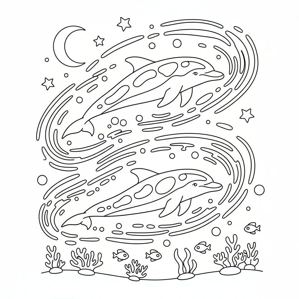 dauphins nageant la nuit, lueur de bioluminescence - Free Printable Coloring Page dauphins nageant la nuit, lueur de bioluminescence - Free Printable Coloring Page