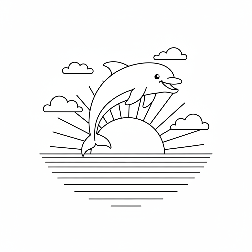 Dauphin effectuant un salto arrière au coucher du soleil à l'horizon doré - Free Printable Coloring Page Dauphin effectuant un salto arrière au coucher du soleil à l'horizon doré - Free Printable Coloring Page