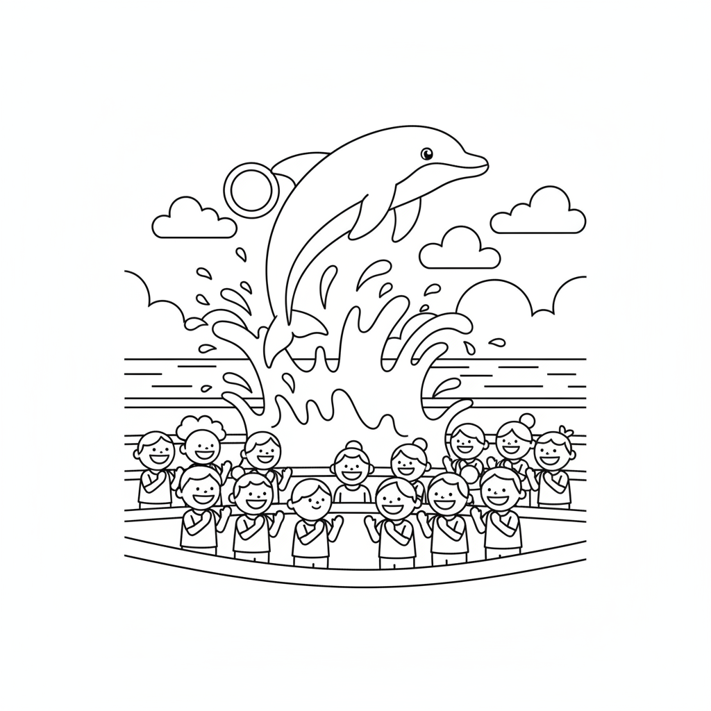 Delfin führt Kunststücke vor Publikum vor - Free Printable Coloring Page
