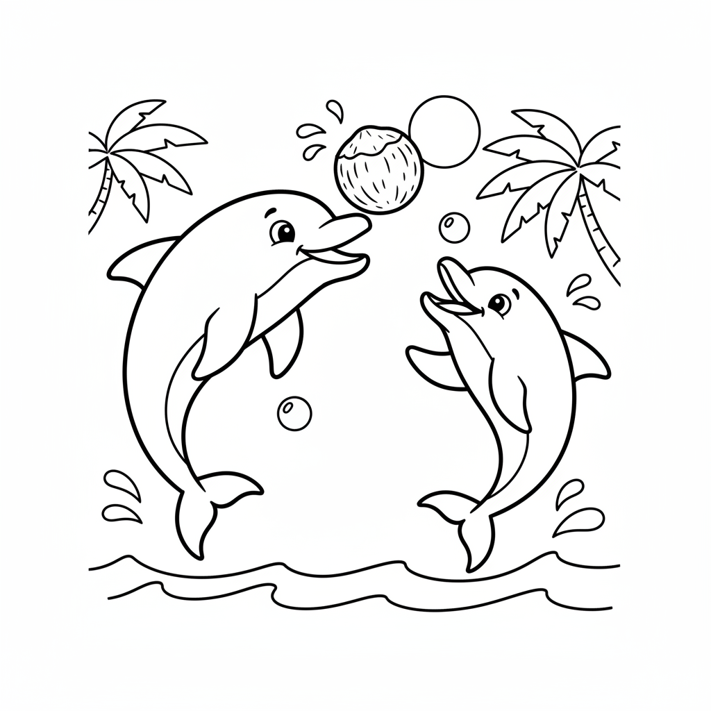 Dauphin jouant à la balle avec un jeu de lancer de noix de coco avec le nez - Free Printable Coloring Page Dauphin jouant à la balle avec un jeu de lancer de noix de coco avec le nez - Free Printable Coloring Page