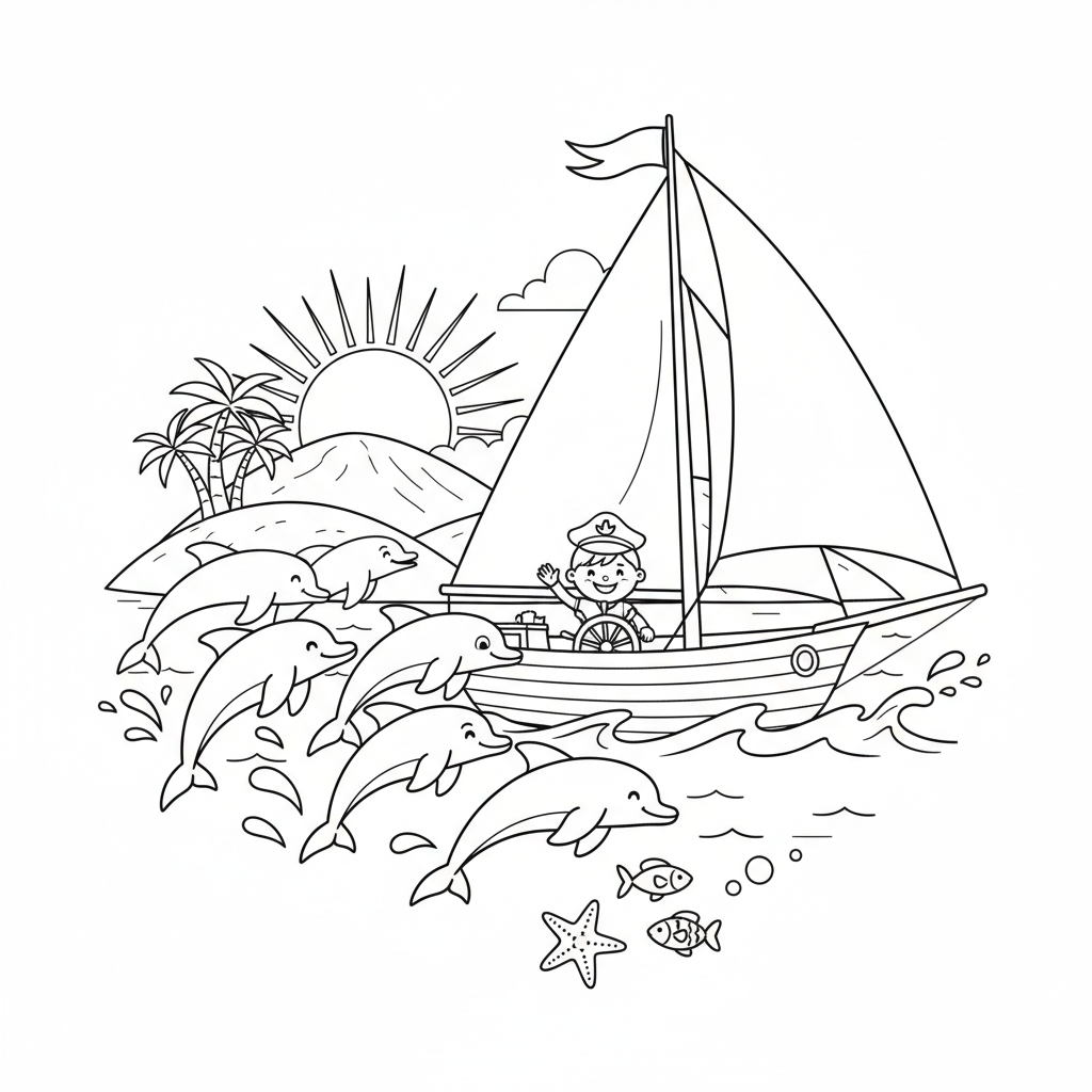 Course de dauphins en groupe le long d'un voilier aventure en mer - Coloriage gratuit à imprimer