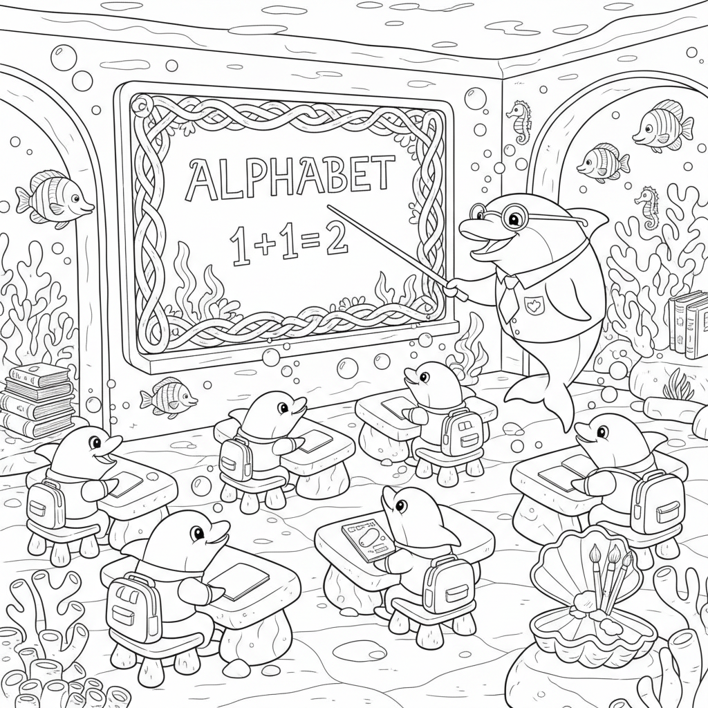 Salle de classe de l'école des dauphins avec leçon au tableau noir d'algues - Free Printable Coloring Page Salle de classe de l'école des dauphins avec leçon au tableau noir d'algues - Free Printable Coloring Page