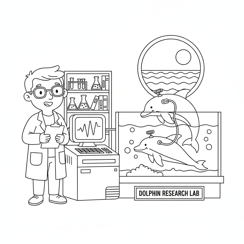 Dolphin scientist research laboratory - Free Printable Coloring Page Dolphin scientist research laboratory - Free Printable Coloring Page