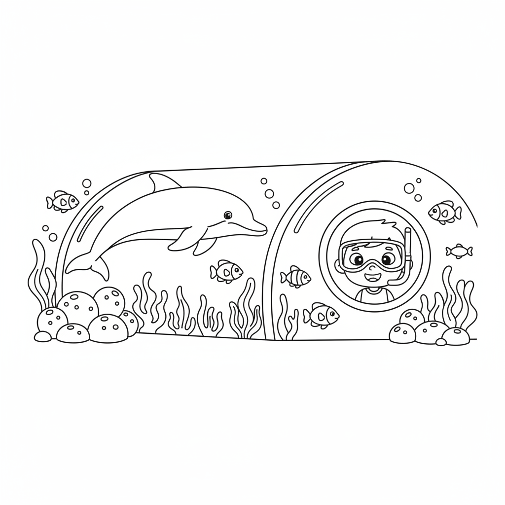 Dauphin traversant un aquarium tunnel sous-marin - Coloriage gratuit à imprimer Dauphin traversant un aquarium tunnel sous-marin - Coloriage gratuit à imprimer