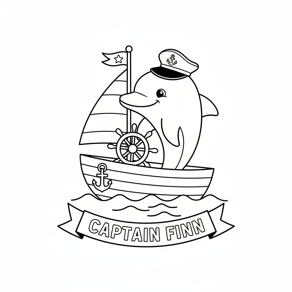 Dauphin coiffé d'un chapeau de marin, capitaine d'un petit bateau - Coloriage gratuit à imprimer