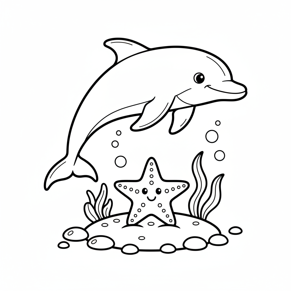Dauphin avec une étoile de mer au fond de l'océan - Coloriage gratuit à imprimer Dauphin avec une étoile de mer au fond de l'océan - Coloriage gratuit à imprimer