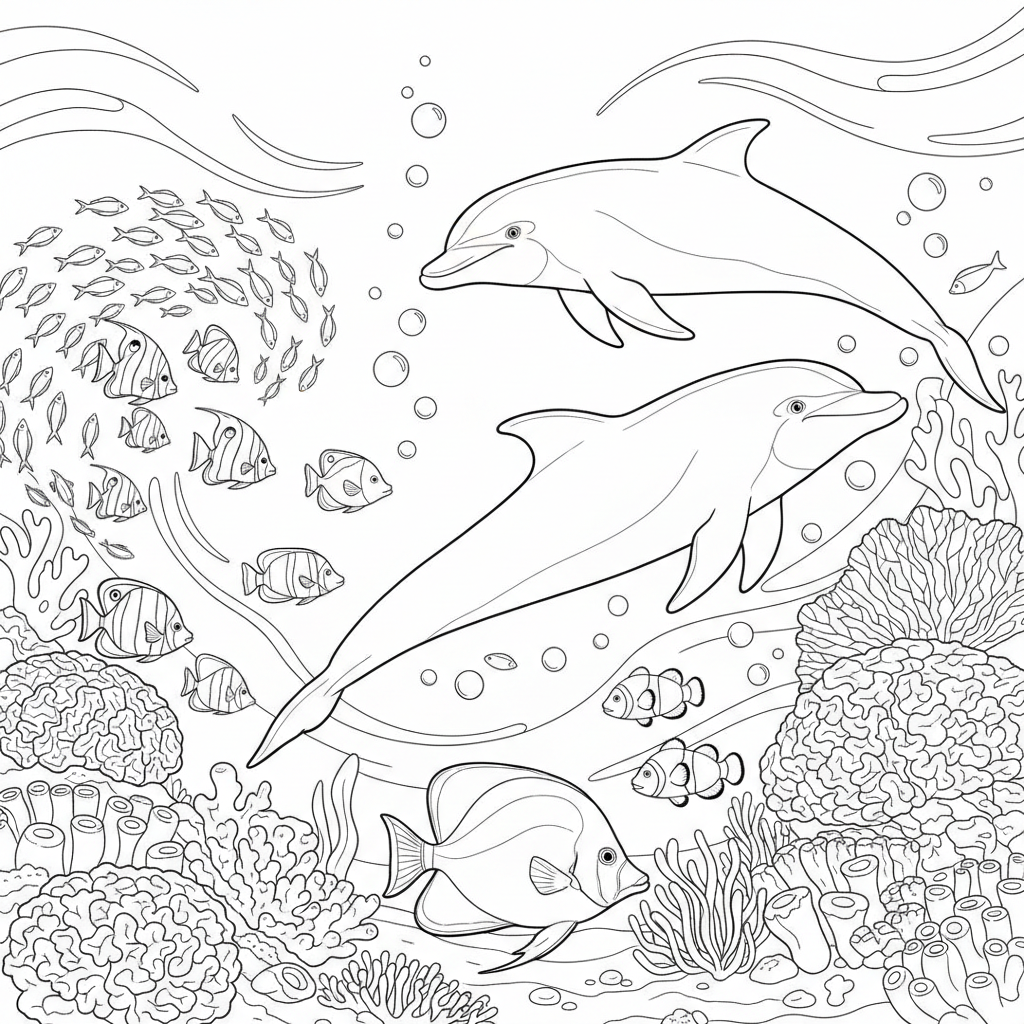 Underwater Scene With Dolphins And Fish Coloring Page