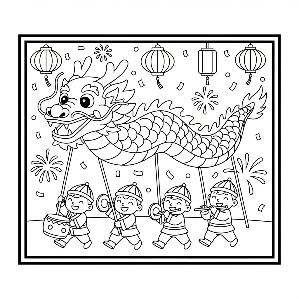 Chinesischer Drache bei Paradefeierlichkeiten - Kostenloses druckbares Ausmalbild