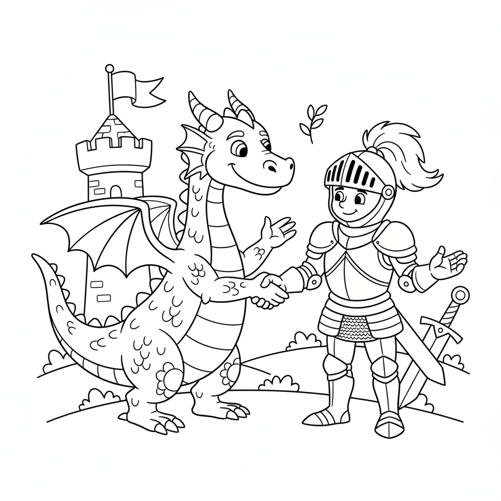 Drago e cavaliere diventano amici, si stringono la mano, pace. - Disegno da colorare gratuito Drago e cavaliere diventano amici, si stringono la mano, pace. - Disegno da colorare gratuito
